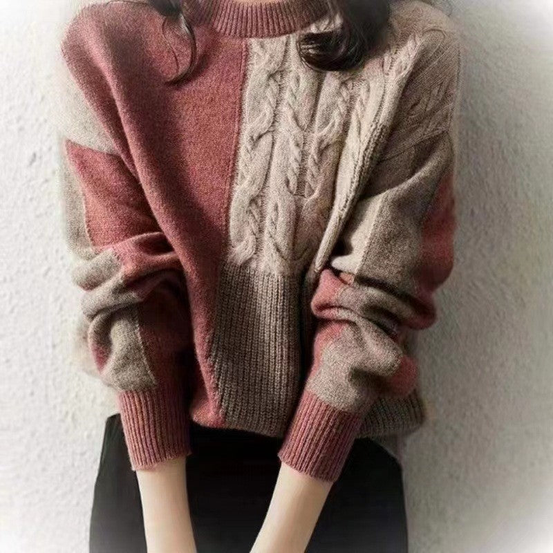 Women's Retro Fried Dough Twists Color Matching Round Neck Sweater