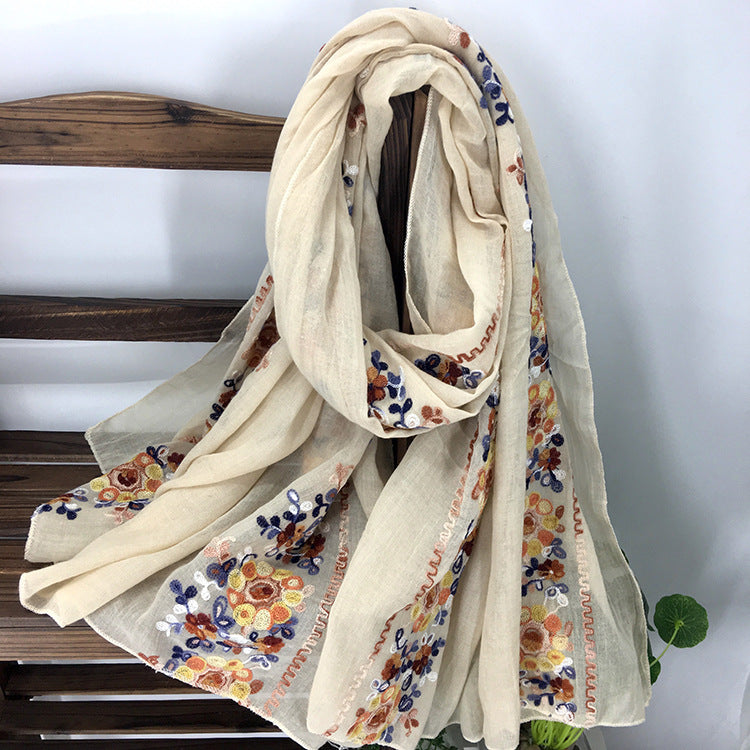 Embroidered Cotton And Linen Scarf Shawl