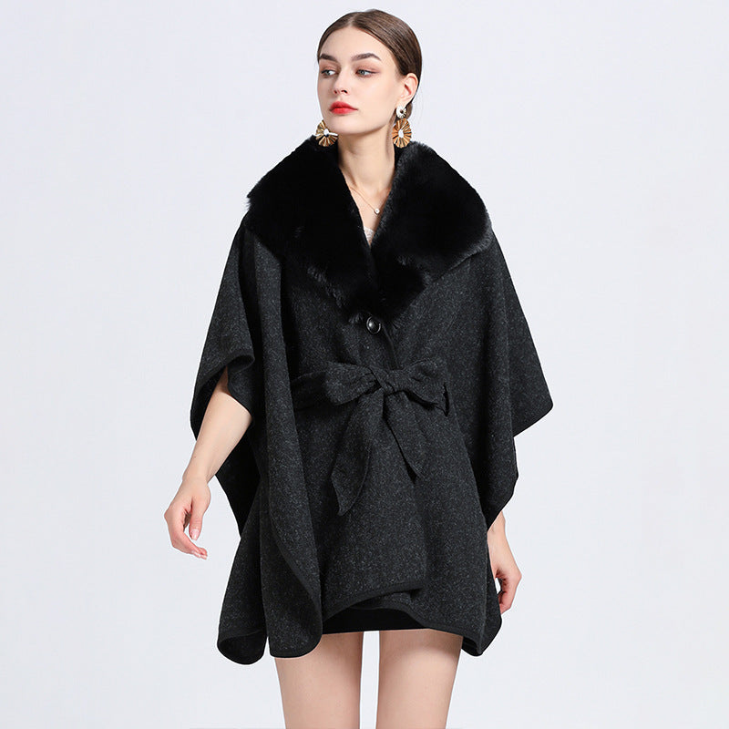 Faux Rex Rabbit Fur Collar Knit Shawl Cape