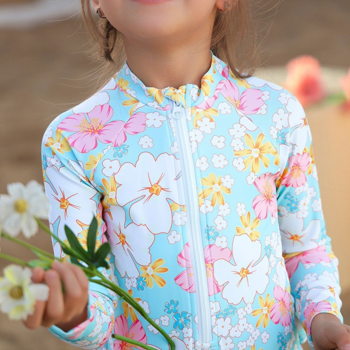 Girls' Summer Children's Breathable One-piece Long Sleeves Printed Cute Swimsuit