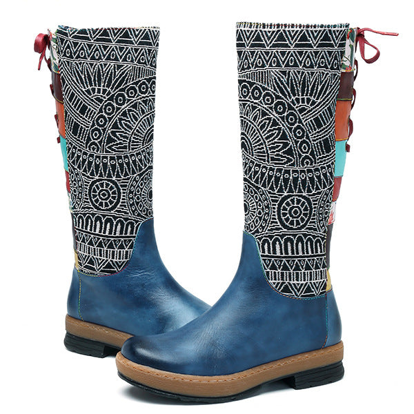 Vintage Mid-calf Boots Women Shoes Bohemian Retro Genuine Leather Motorcycle Boots Printed Side Zipper Back Lace Up Botas