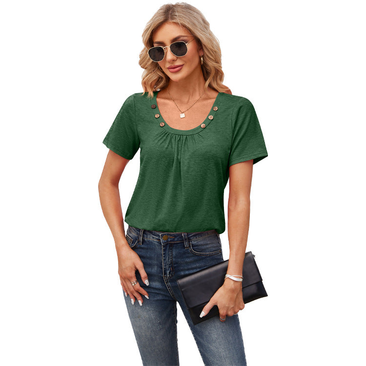 Effortless Lady: Women's Summer Button Square Collar Pleated Design Short-sleeved T-shirt