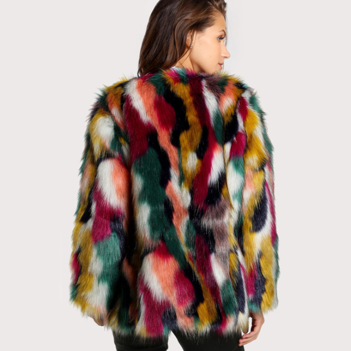 FurVogue: Winter color fur coats for women, featuring an elegant, colorful faux fur coat with brand fashion, long sleeves, and a collarless, casual design for a stylish and chic look.