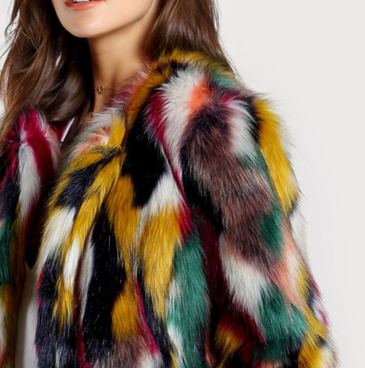 FurVogue: Winter color fur coats for women, featuring an elegant, colorful faux fur coat with brand fashion, long sleeves, and a collarless, casual design for a stylish and chic look.