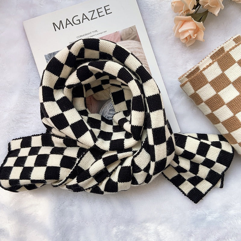 Checkerboard plaid knitted scarf for women autumn and winter black and white plaid scarf