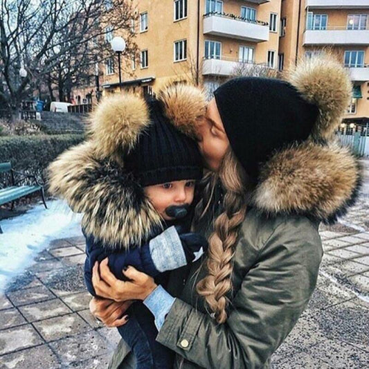 Parent-child Caps Cute Infant Baby Pompon Winter Hat Double Fur Ball Hat Mother Kids Warm Knitted Hat Newborn Beanie Cap