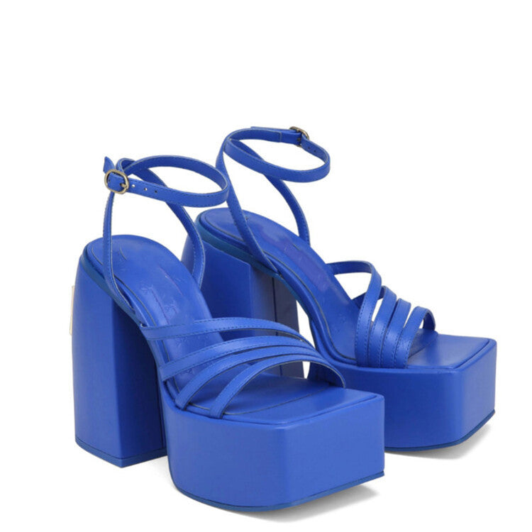 Square Toe Platform One-Line Solid Color Chunky Heeled High Heel Sandals