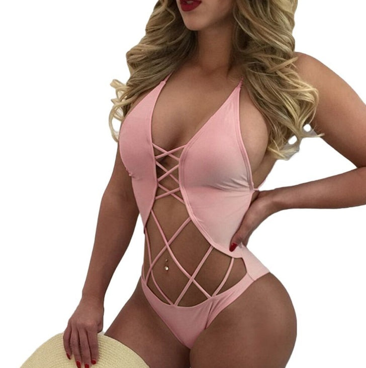 European and American explosions solid color mesh sexy backless one-piece bikini