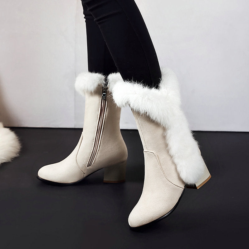 Suede rabbit fur mid-tube snow boots