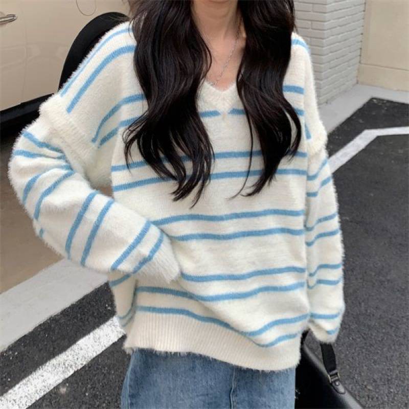 Soft Lazy Wind Collision Color Collar Sweater Female Autumn And Winter