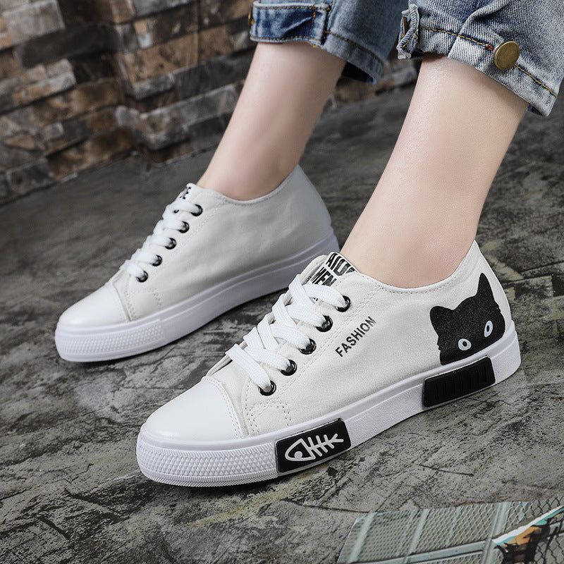 Spring summer new women's canvas shoes small white shoes female cute cartoon student shoes kitten