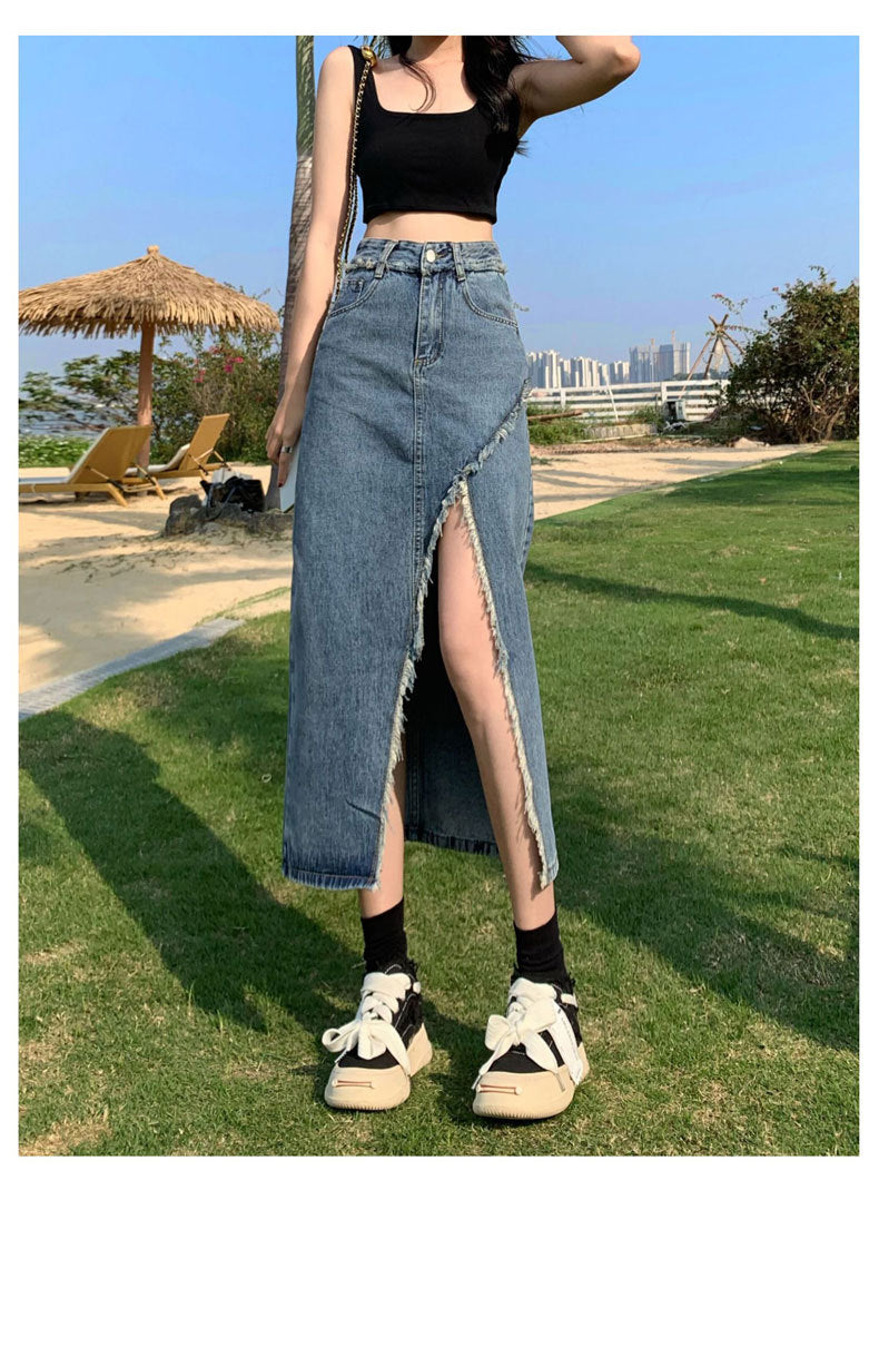 Irregular Slit Denim Skirt Female Ins Style Hot Girl Raw Edges Design