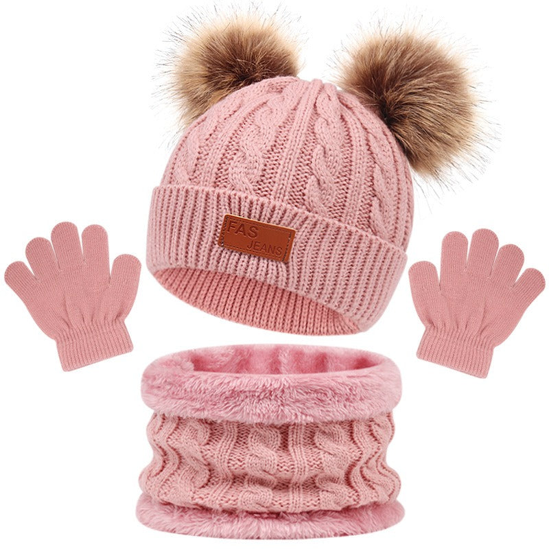 New Children's Hat, Scarf, Glove, Three Piece Set, Autumn and Winter New Warm Double Ball Baby Hat