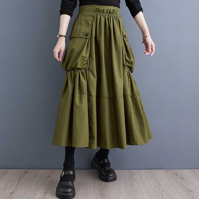 Loose Slimming Workwear Large Pocket Large Hem High Waist Pleated Skirt