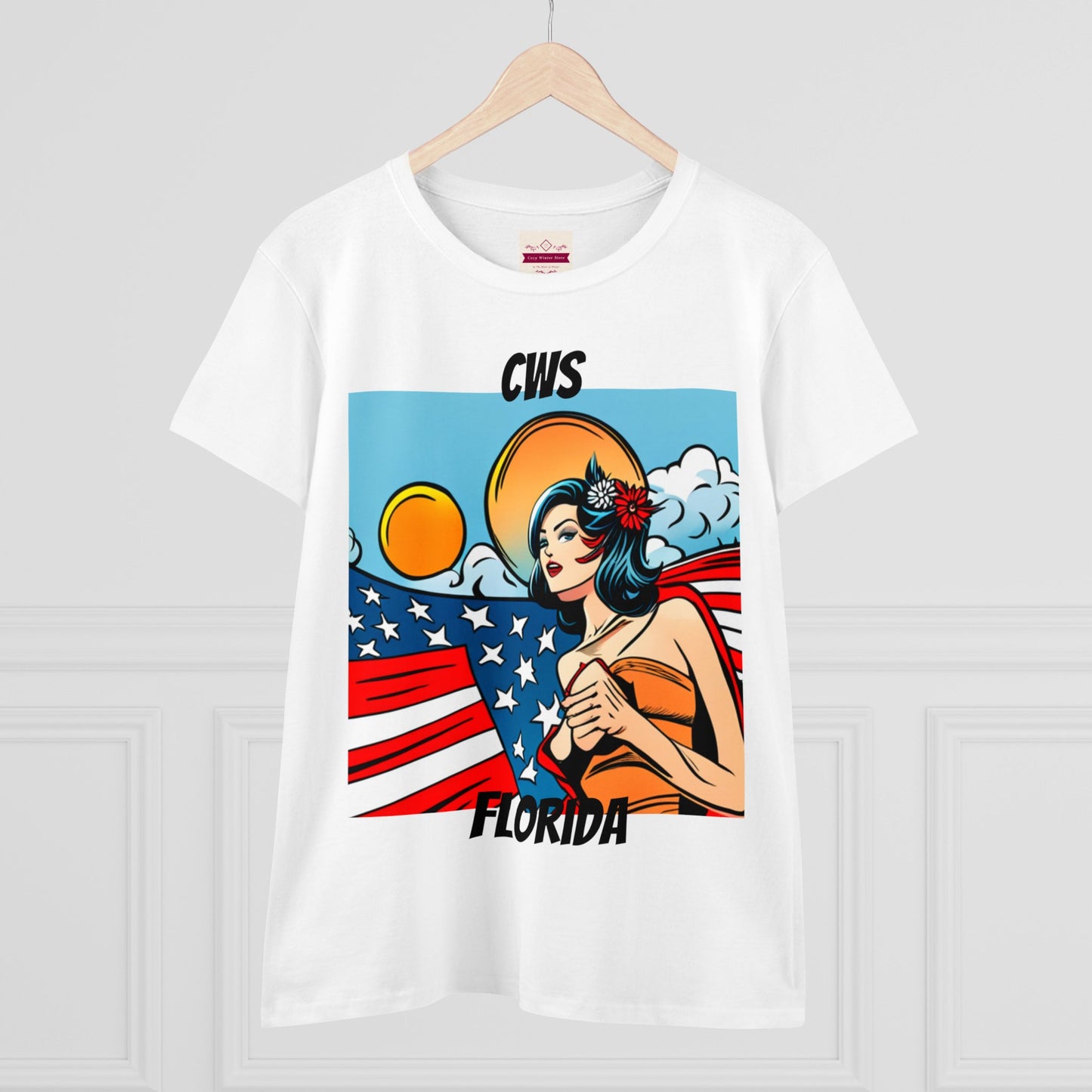 CWS Damen-T-Shirt aus mittelschwerer Baumwolle mit USA-Flagge von Cozy Winter Store (Versand nur innerhalb der USA)