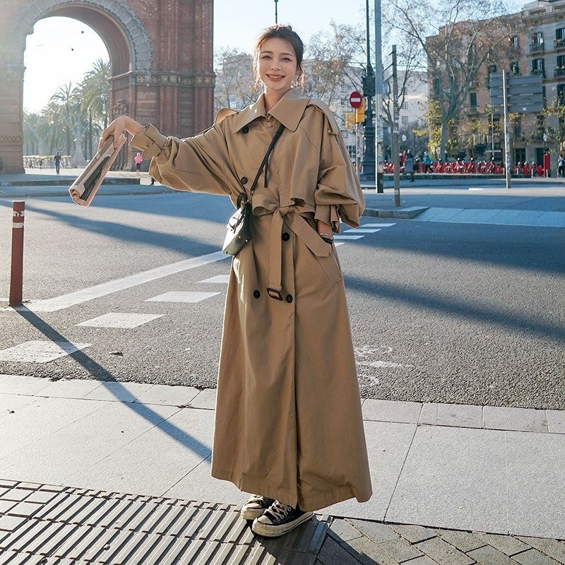 TrendEnsemble: Fashion long waist-wrapped trench coat for a stylish appearance.