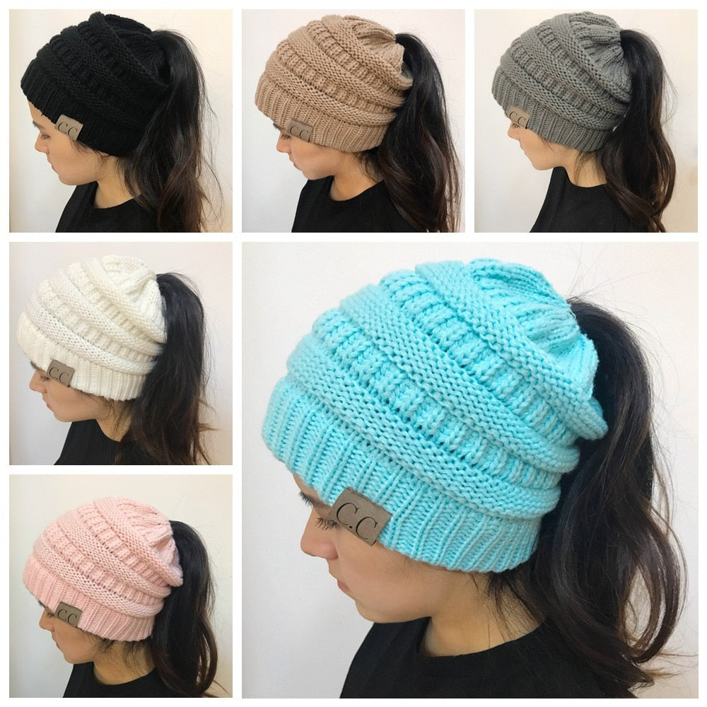 Beanie-Mütze mit hohem Dutt und Pferdeschwanz, dick, weich, dehnbar, Zopfmuster, warm, flauschig, gefüttert, Totenkopf-Mütze, Acryl-Mützen für Herren und Damen