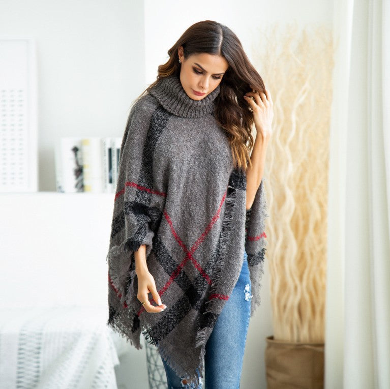 High collar fringed cloak shawl