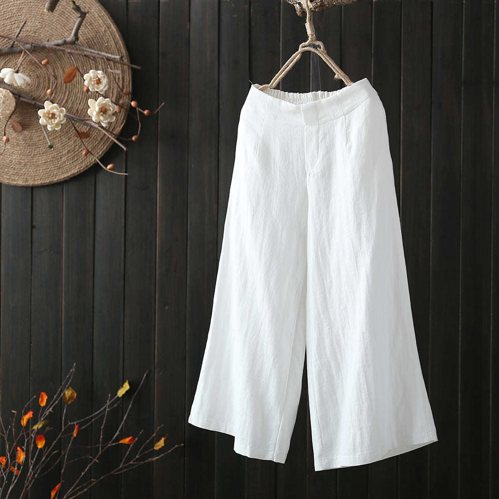 Cotton and Linen Cropped Wide-Leg Pants with Elastic Waist