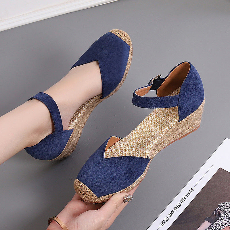 Spring And Autumn Suede Word Buckle High Heel Hollow Shoes