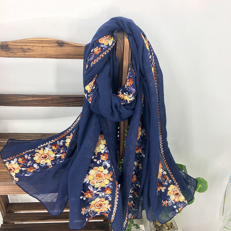 Embroidered Cotton And Linen Scarf Shawl