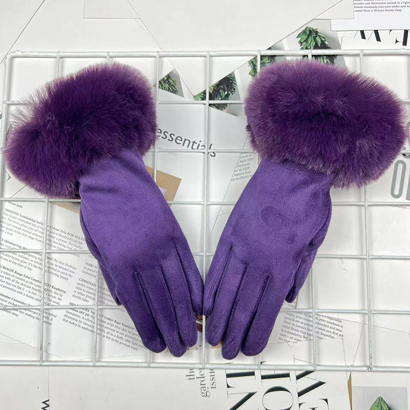 Warm Women's Fur Mouth Winter Riding Fleece-lined Finger Gloves Battery Car Thickened