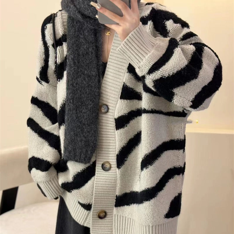 New autumn and winter new loose large version lazy style sweater for women Korean style retro striped color block knitted cardigan