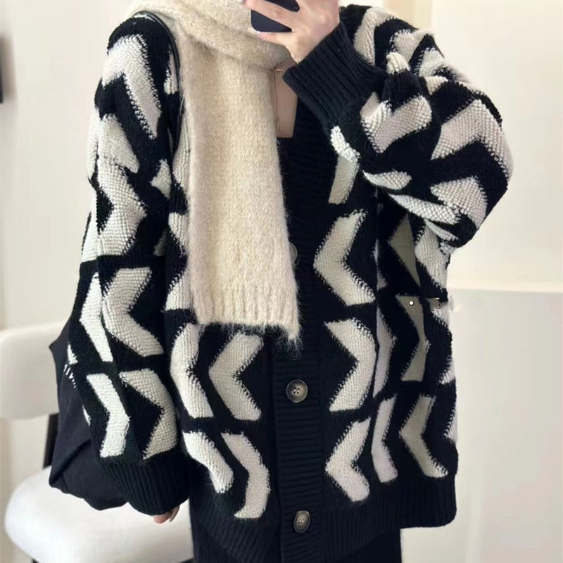 New autumn and winter new loose large version lazy style sweater for women Korean style retro striped color block knitted cardigan