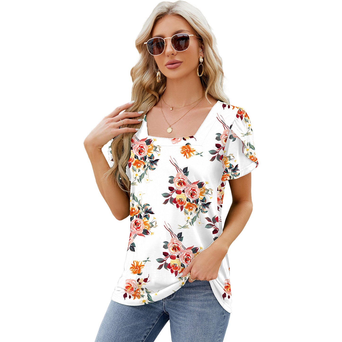 Boho Chic: Bedrucktes Kurzarm-T-Shirt mit quadratischem Ausschnitt und Blütenblatt-Ärmeln - Sommertop für Damen am Strand