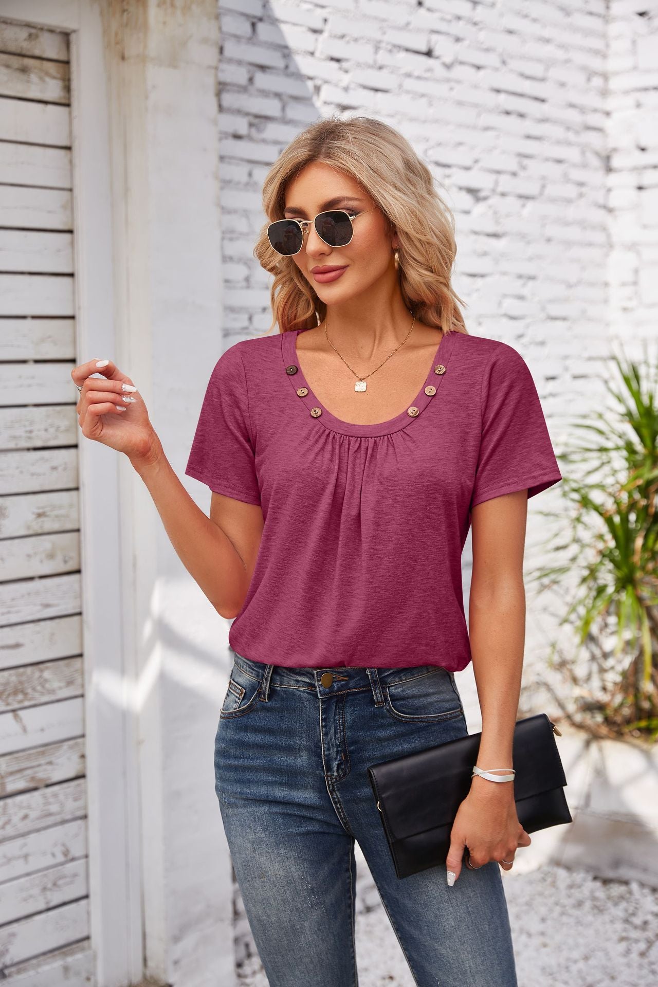 Effortless Lady: Women's Summer Button Square Collar Pleated Design Short-sleeved T-shirt