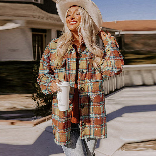 Plaid Perfection: Loose plaid shirt coat, a fashionable outerwear choice with long sleeves.