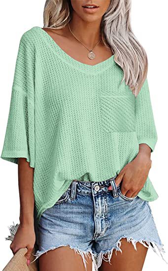 V-Ausschnitt Shirts Damen Sommer Kurzarm Grüne Tops mit aufgesetzter Tasche