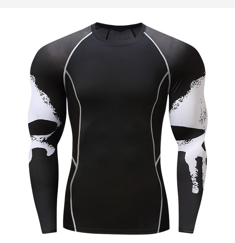 Skull Print Long Sleeve Men's Workout Clothes Stretch Quick Drying Clothes Basketball Riding Running Suit Round Neck Tight T-shirt