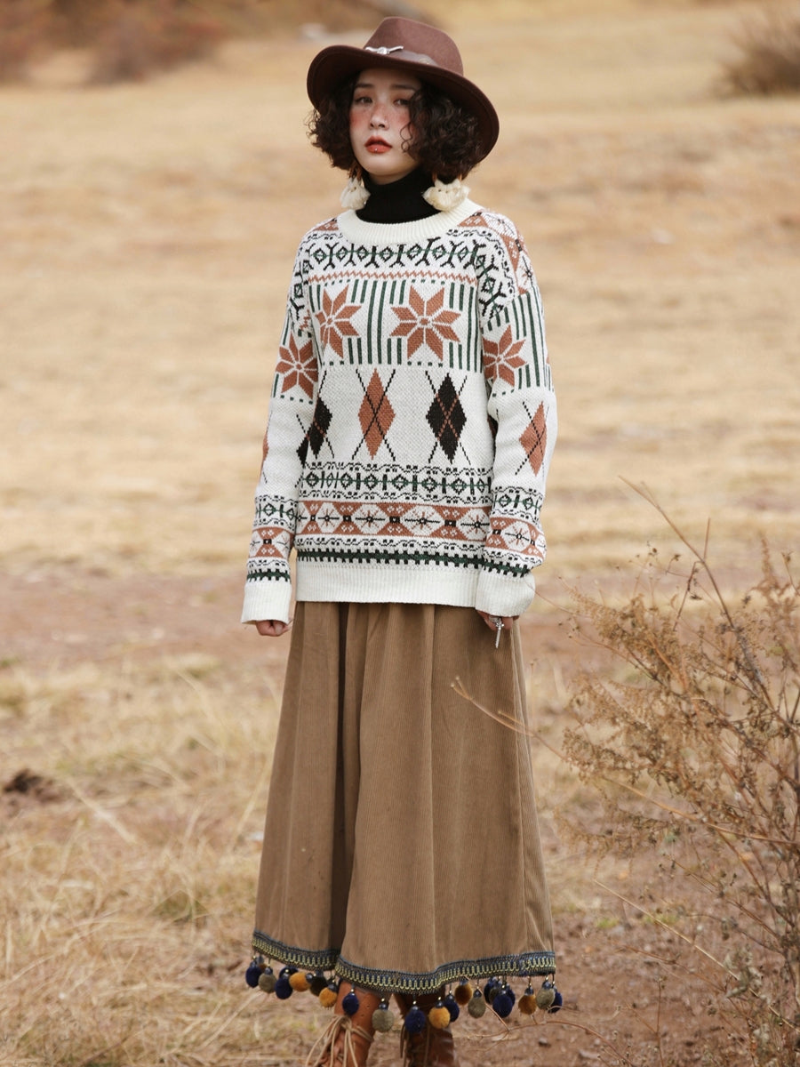 Corduroy Ethnic Style Fur Ball Stitching Brown High Waist Tassel Versatile Midi Skirt