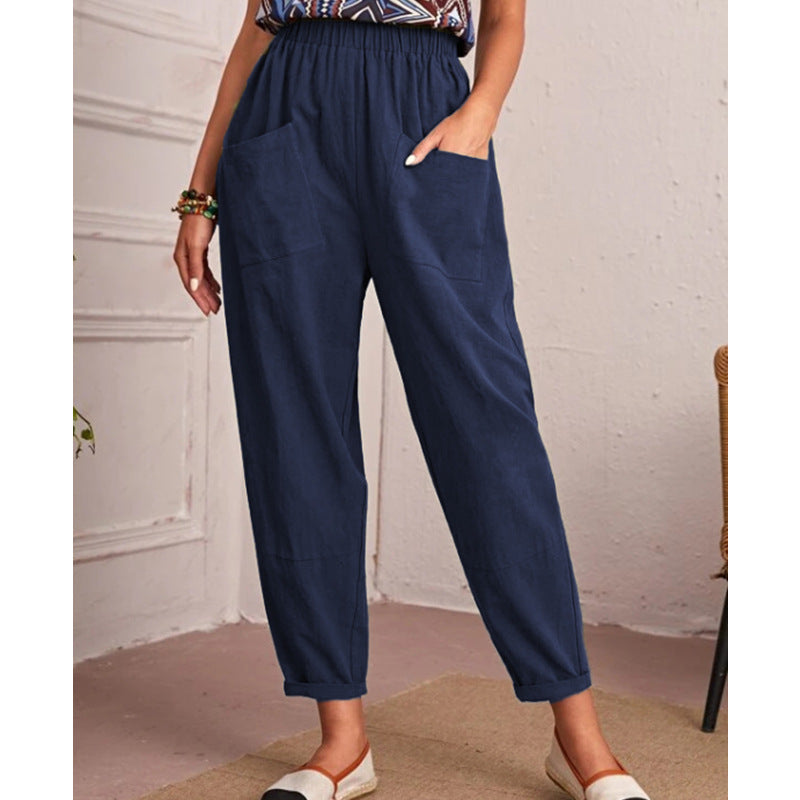 Women's Cotton Linen Elastic-waist Casual Pants