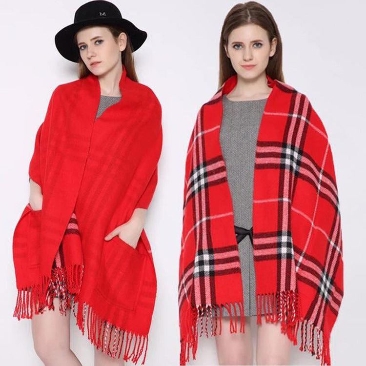 Pocket Scarf Cashmere Fringe Plaid Shawl