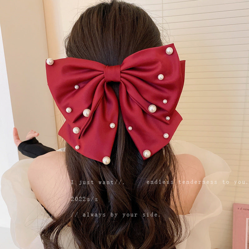 French Light Luxury Star Point Pearl Bow Net Red Headdress Hair Accessories