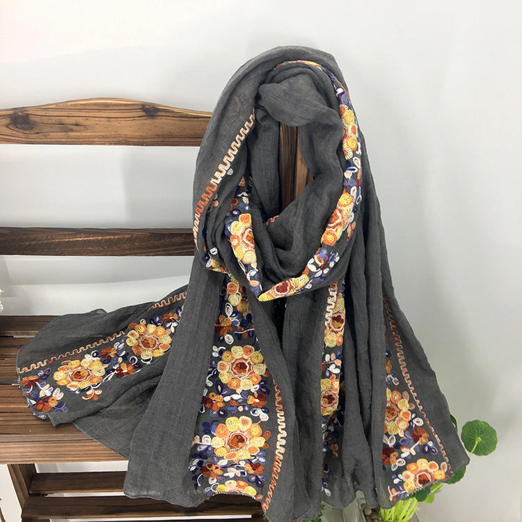 Embroidered Cotton And Linen Scarf Shawl