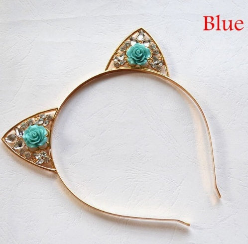 High Quality Cute Alloy Diamond Rose Cat Ears Headband Children Adult Headband