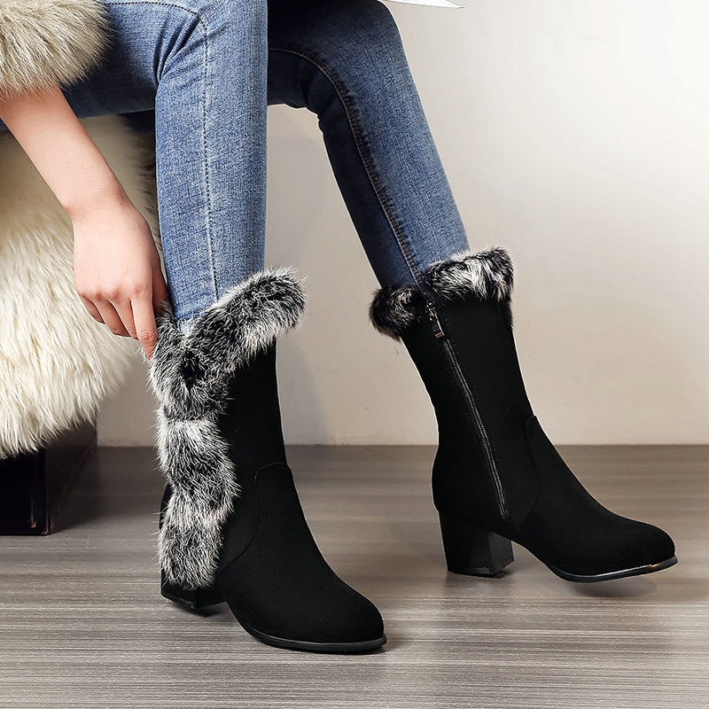 Suede rabbit fur mid-tube snow boots