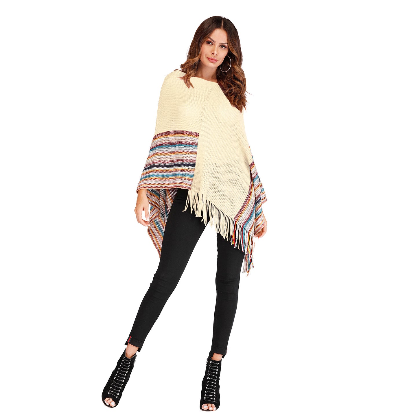 Fringed high neck color block shawl