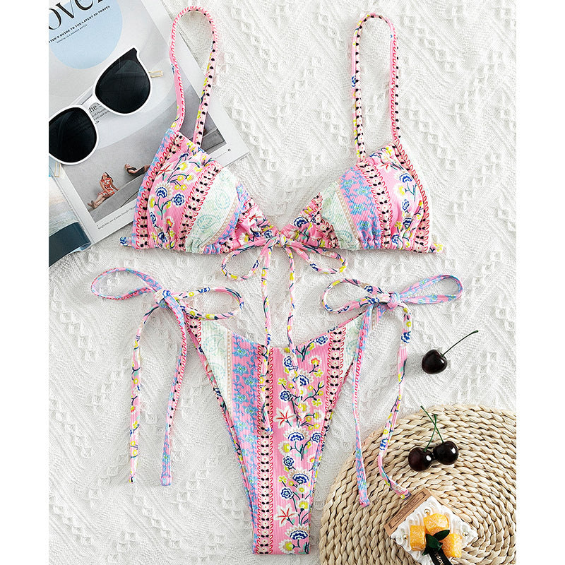 Chinese Style Printed Sub-system Belt Swimsuit