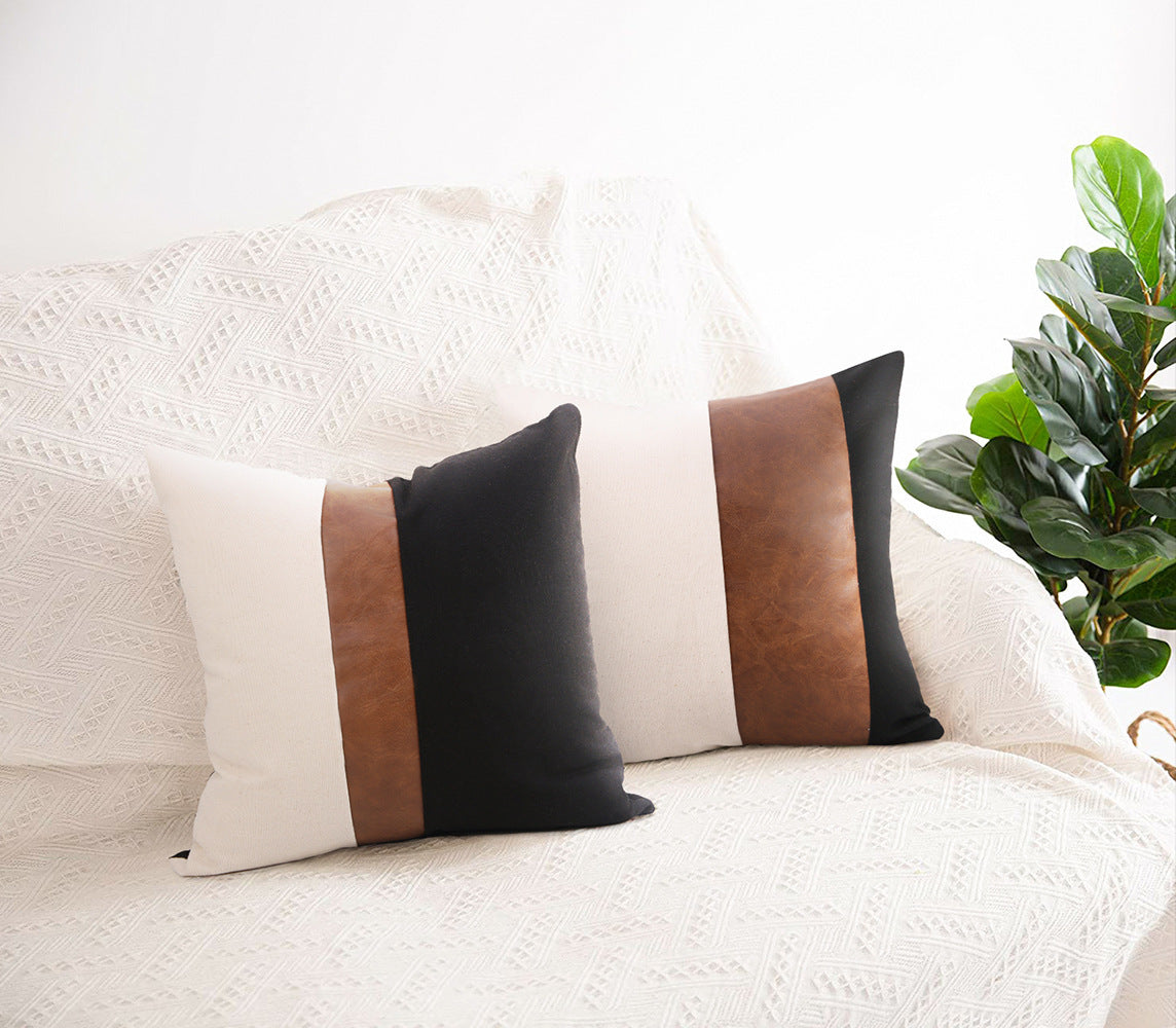 Fashion PU Leather Black Canvas Stitching Pillow Cover