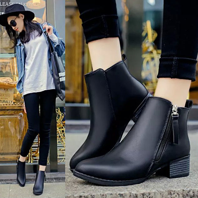 Side zipper pointed toe block heel short boots