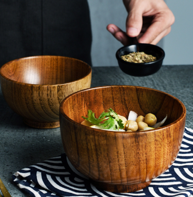 Holzschüssel im japanischen Stil, Holz-Reissuppenschüssel, Salatschüssel, Lebensmittelbehälter, große kleine Schüssel für Kinder, Geschirr, Holzutensilien