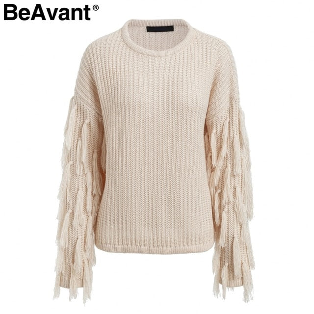 Tassel knitted sweater women pullover loose Casual army green winter sweater female O neck  autumn jumper pull femme