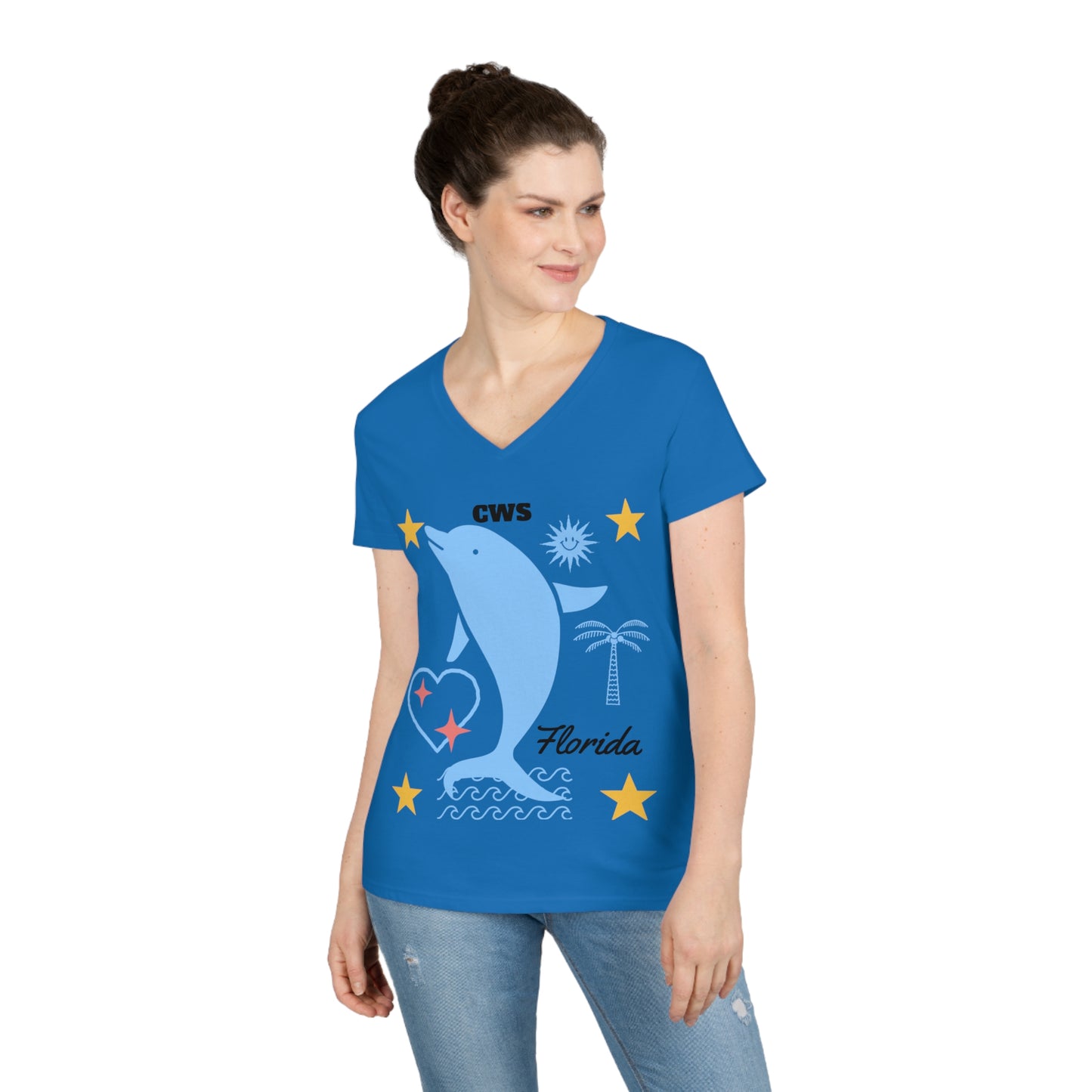 CWS Florida Dolphin Damen-T-Shirt mit V-Ausschnitt von Cozy Winter Store (Versand nur innerhalb der USA)