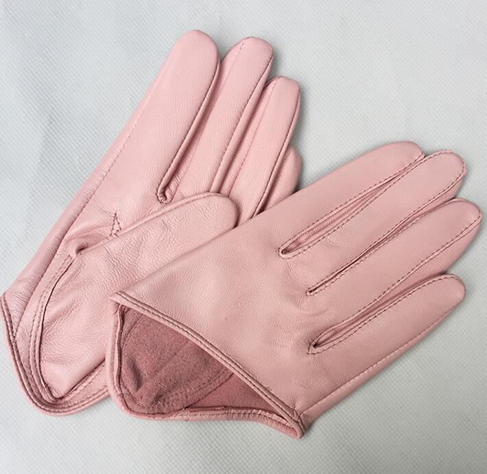 Damenhandschuhe aus natürlichem Schaffellleder in fester rosa Farbe mit halber Handfläche, weibliches echtes Leder, modischer kurzer Autofahrerhandschuh