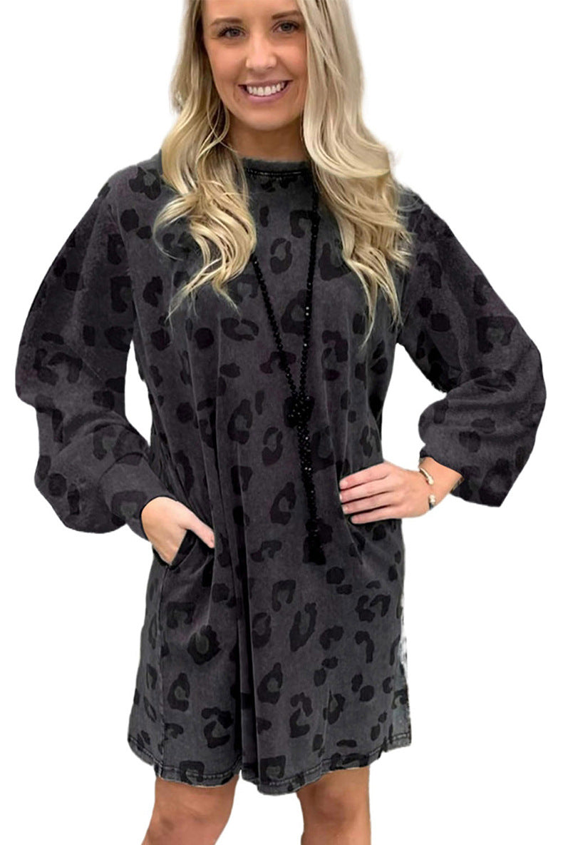 Women's Autumn Leopard Print Pocket Sweatshirt Dress