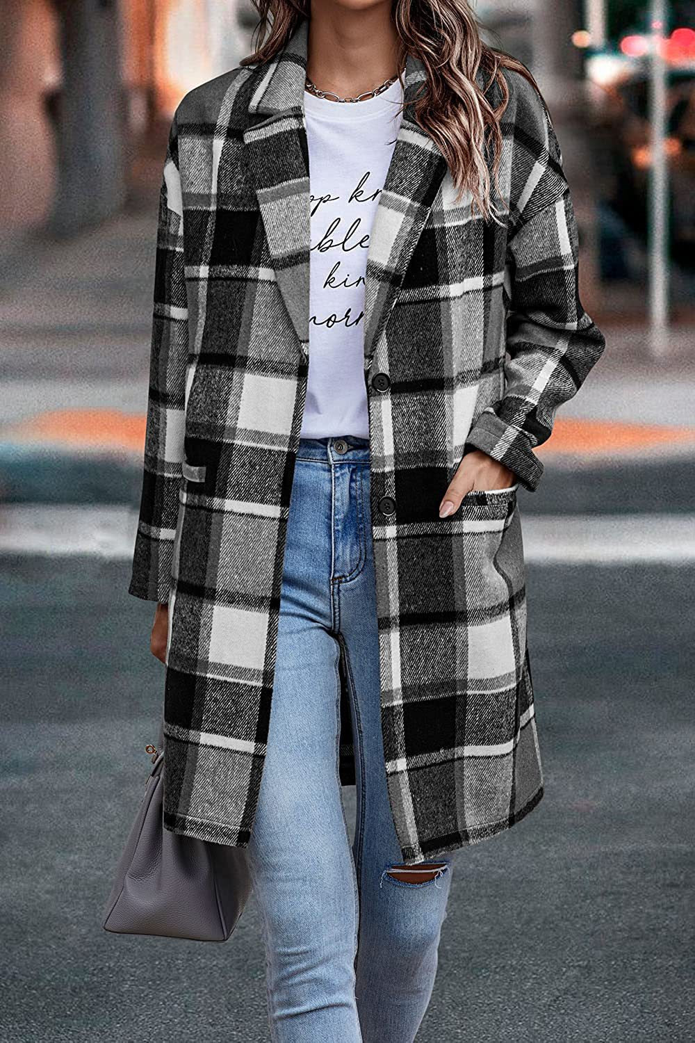 CheckeredElegance: Fashion plaid long jacket with pockets, autumn and winter new style turndown collar woolen coat for outdoor women's clothing.